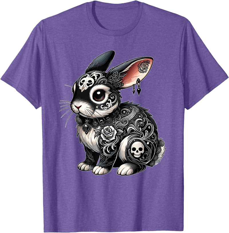 Gothic Filigree Rabbit with Skulls T-Shirt in Purple Heather