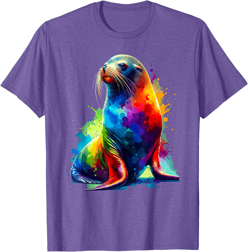 Sea Lions Gift For A Sea Lion Lover Colorful Splash Art Sea Lion Sea Lions T-Shirt - Purple Heather
