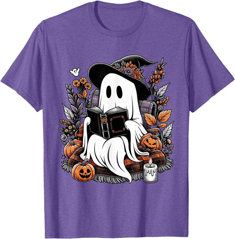 Ghost Spooky Season Teacher Outfit Ghost Reading Books Pumpkin Halloween T-Shirt - Purple Heather