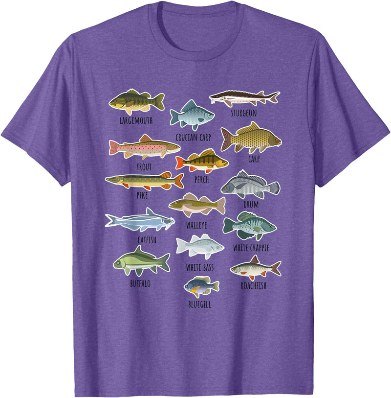 NABZR Angeln Geschenke & T-Shirts Types of Freshwater Fish Fishing T-Shirt - Purple Heather