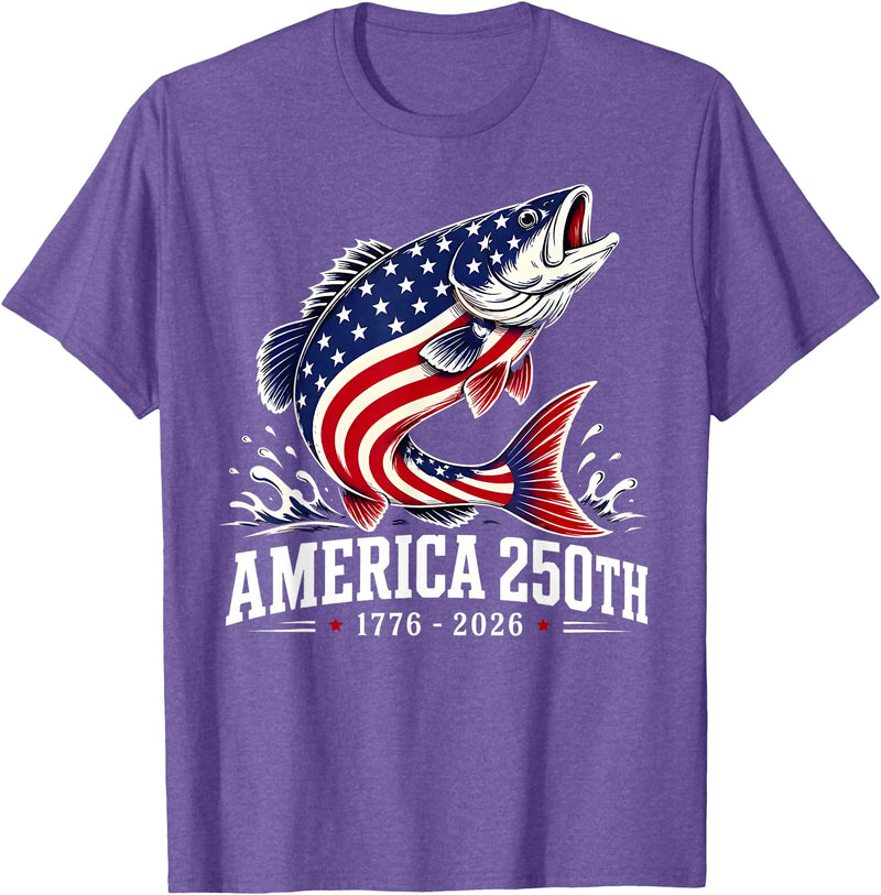250 America Years 1776 2026 Fishing USA Flag Patriotic Leaping Salmon American Flag Fishing 4th of July T-Shirt - Purple Heather