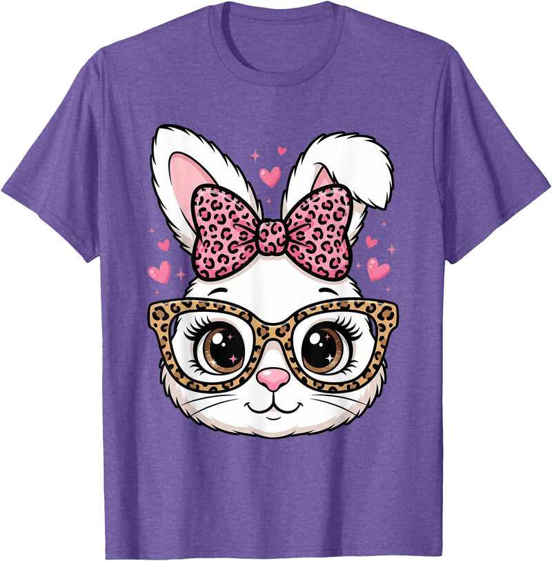 Cute Easter Rabbit Face Leopard Bow Sunglasses Bunny Girls T-Shirt in Purple Heather