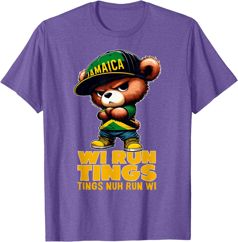Jamaican Gifts for proud Jamaican Men, Women, Kids WI RUN TINGS Teddy Bear Jamaica Flag Shirt Jamaican Clothing T-Shirt - Purple Heather