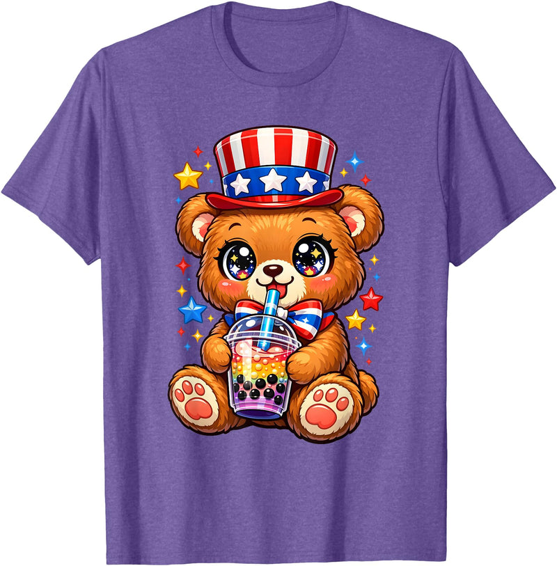 Kawaii Red White and Blue Fourth July Little Kids Cute Teddy Bear Patriotic 4th July Gift Bubble Boba Tea USA T-Shirt - Purple Heather