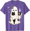 Halloween Cute Ghost Holding Black Cat Spooky Ghost Holding Black Cat Coffee Lover Funny Halloween T-Shirt - Purple Heather