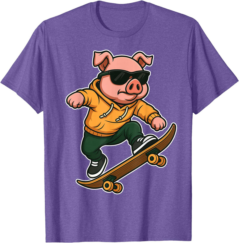 Pig Skateboarding Skater Men Boys Kids Skateboard Pig Riding Skateboard Skater Pig Graphic T-Shirt - Purple Heather