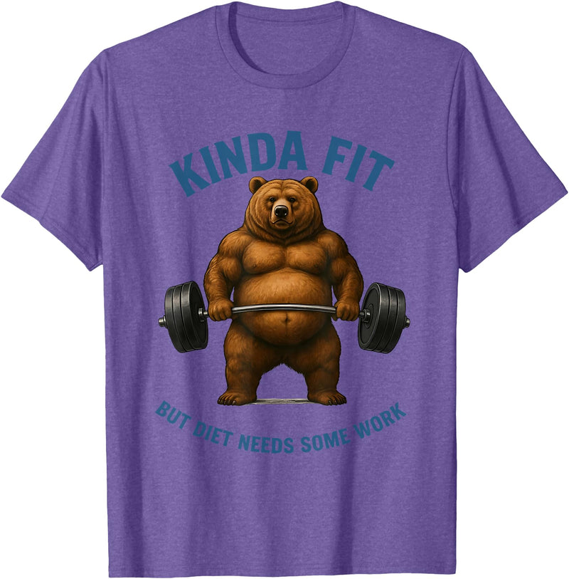 Funny Sarcastic Novelty Tee for Men Women Kinda Fit But Diet Needs Some Work Bear Weightlifting Gym T-Shirt - Purple Heather