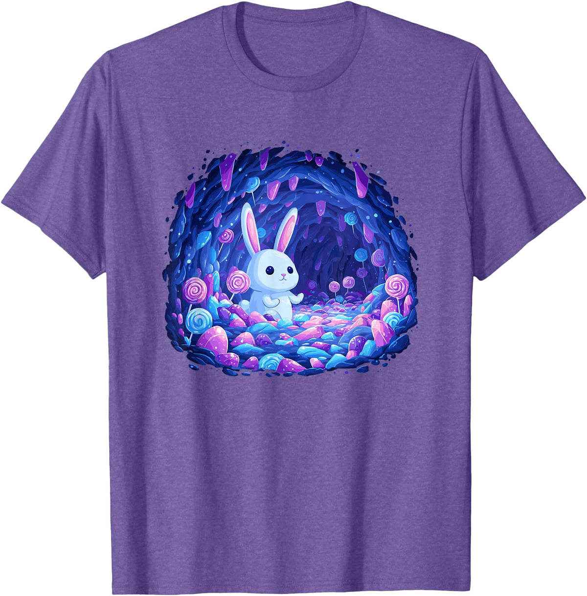 Enchanting Bunny in Candy Cave Fantasy World T-Shirt in Purple Heather
