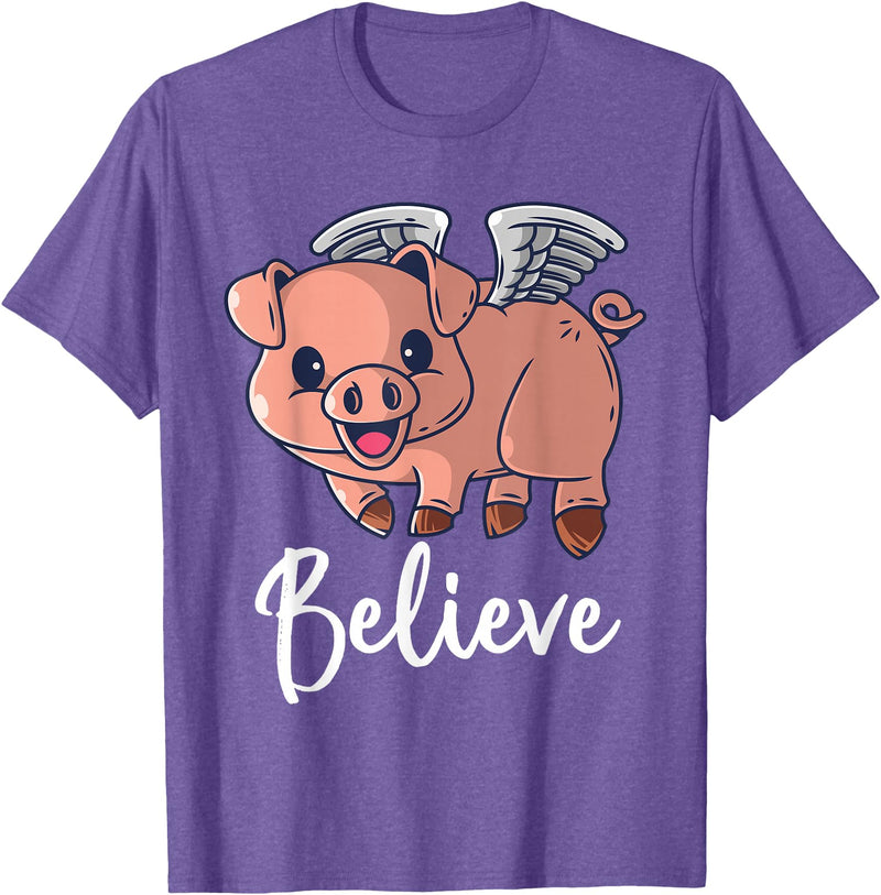 Buddy Tees Flying Pig with Wings Believe Motivational Pigs T-Shirt - Purple Heather