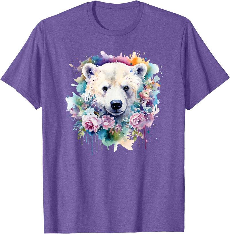Colorful Polar Bear Kids Arctic Wildlife Painting Polar Bear Floral Watercolor Animal Cute Polar Bear Face T-Shirt - Purple Heather