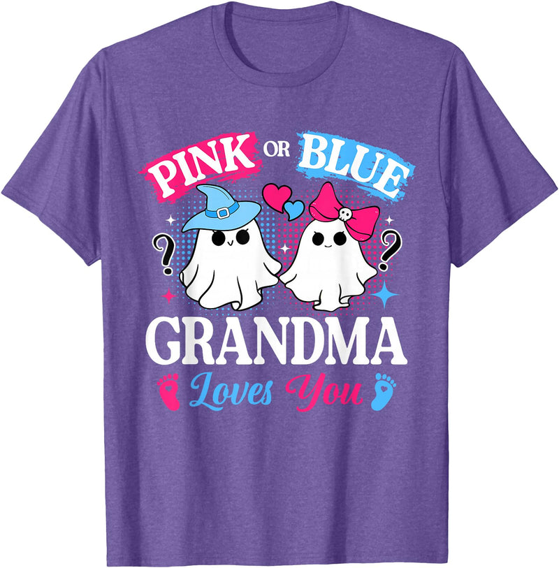 Halloween Ghost Baby Gender Reveal Family Matching Pink or Blue Grandma Loves You Gender Reveal Halloween T-Shirt - Purple