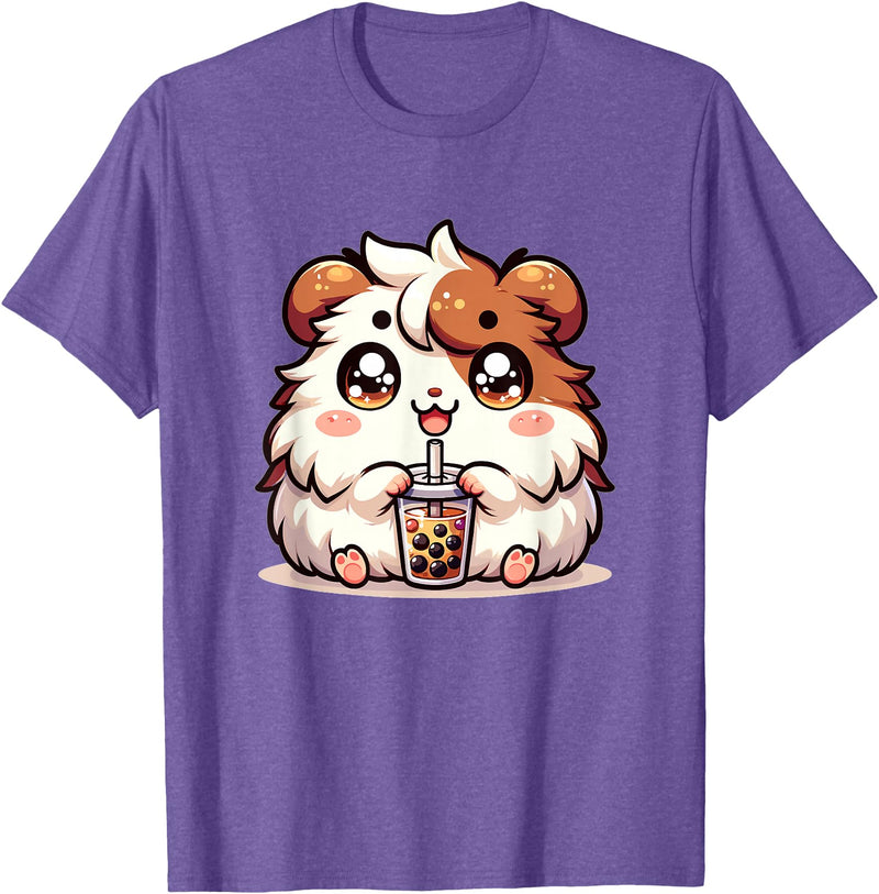 Cute Kawaii Animals Drinking Boba Tea Co. Cute Kawaii Chibi Guinea Pig Drinking Boba Tea T-Shirt - Purple Heather