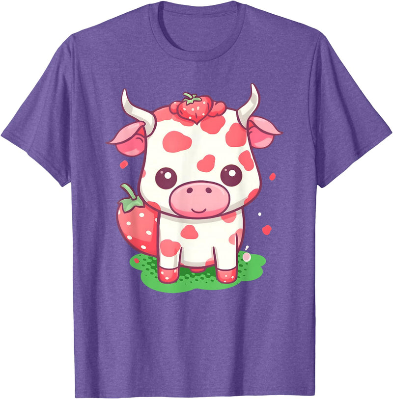 Strawberries Cow Baby Animal Kids Cute Apparel Cow Strawberry Cute Kawaii Pink Pastel Strawberry Milk Farm T-Shirt - Purple