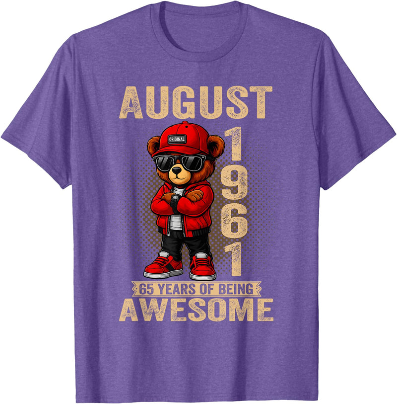 Born in 1961 August 65th Birthday Gifts For Women August 65th Birthday Men Women 1961 Awesome Teddy Bear T-Shirt - Purple Heather