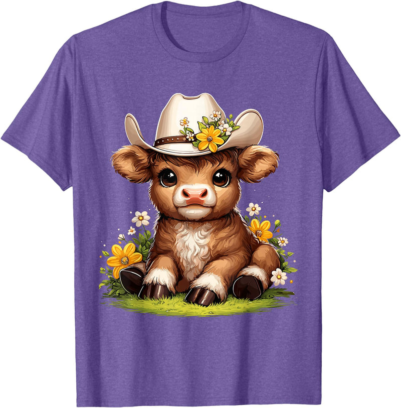 Cute Scottish Highland Cow Lovers Scottish Highland Cow Flowers Cattle Hairy Cow T-Shirt - Purple Heather
