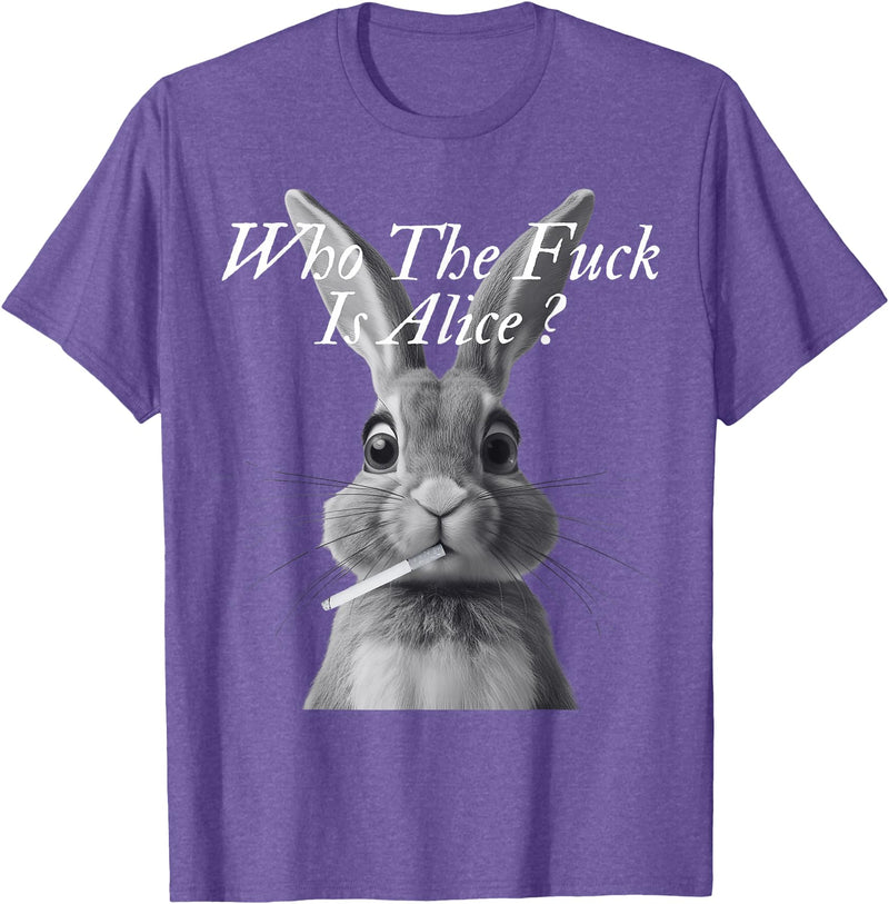 Retro Who the F_ck Is Alice Funny Rabbit T-Shirt in Purple Heather