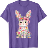 Cute Pink Flower Bunny Rabbit Happy Easter Women Girls T-Shirt in Purple Heather