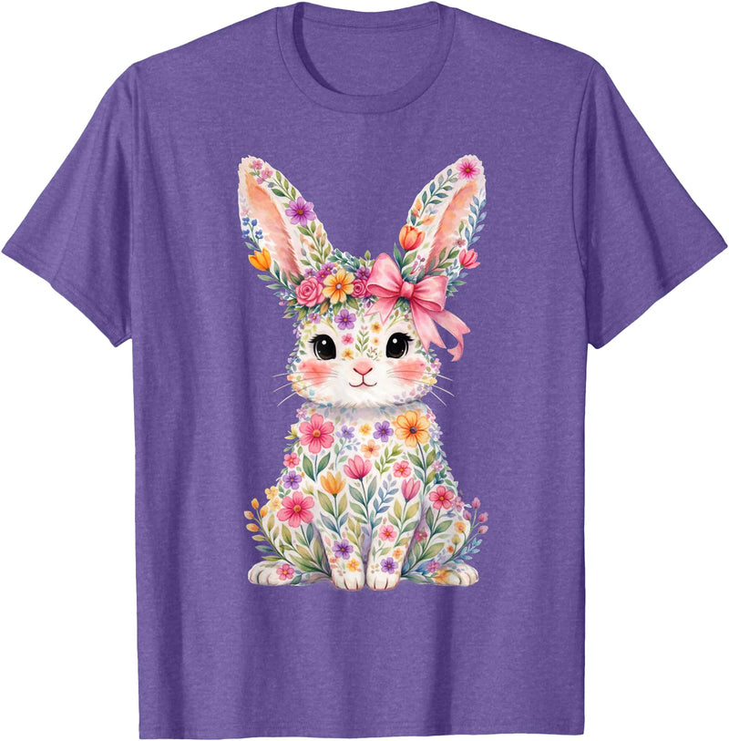 Cute Pink Flower Bunny Rabbit Happy Easter Women Girls T-Shirt in Purple Heather