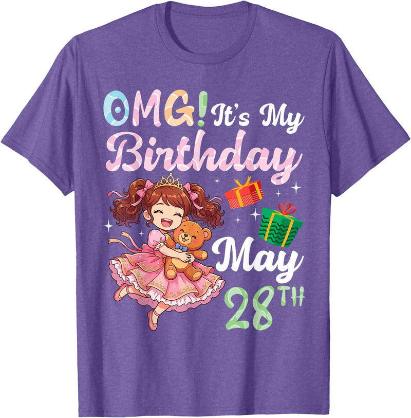 H1Shop Happy Birthday Born On May 28 OMG It's My Birthday Born On May 28th Girl with Present Bear T-Shirt - Purple Heather