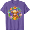 Highland Cow Lover Gifts Apparel and More Highland Cow Flowers Wreath Floral Farm Scottish Country T-Shirt - Purple Heather