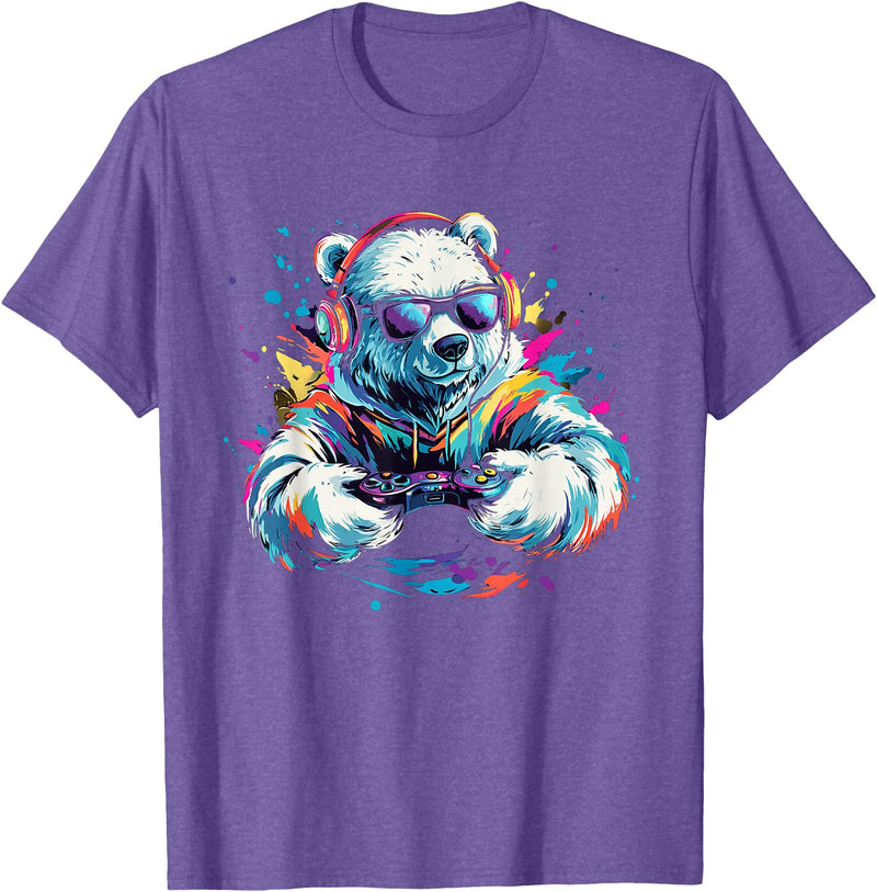 Colorful artistic polar bear gamer animal motifs Gaming Polar Bear Colorful Headset Art Gamer Polar Bear T-Shirt - Purple Heather