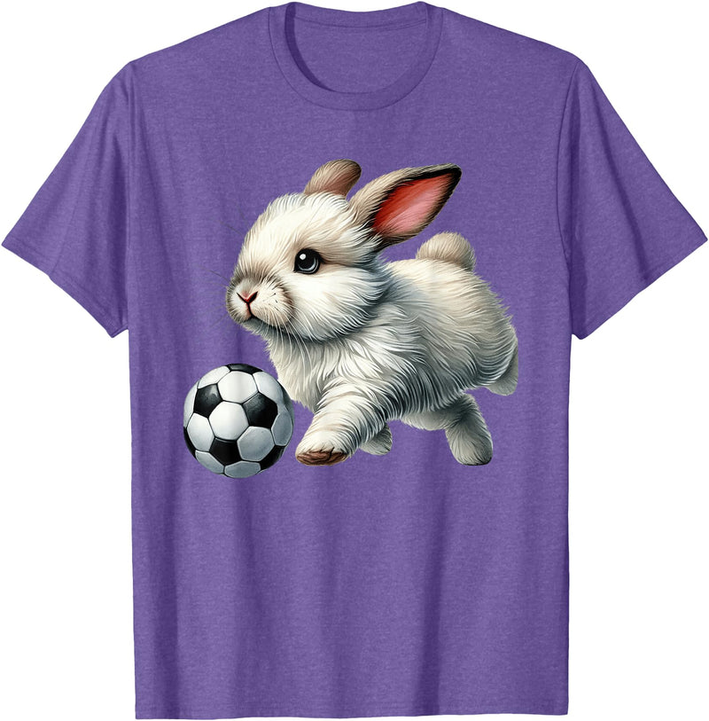 Cute Bunny Soccer Player Rabbit Kicking Ball T-Shirt in Purple Heather
