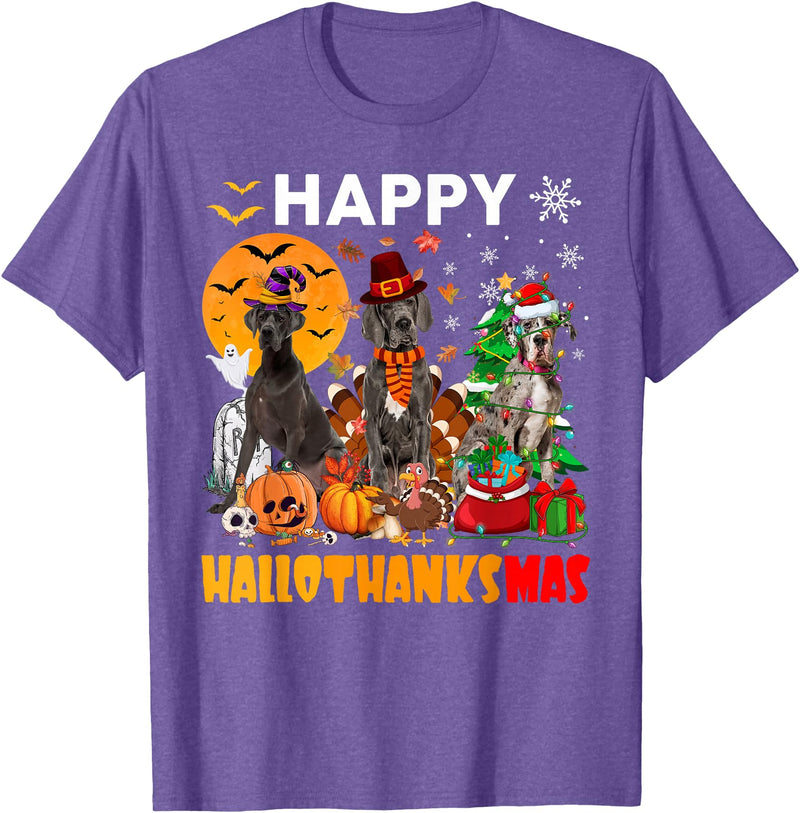 Abab Great Dane Dog Halloween Thanksgiving Xmas Funny Witch Turkey Santa Great Dane Dog Happy HalloThanksMas T-Shirt -