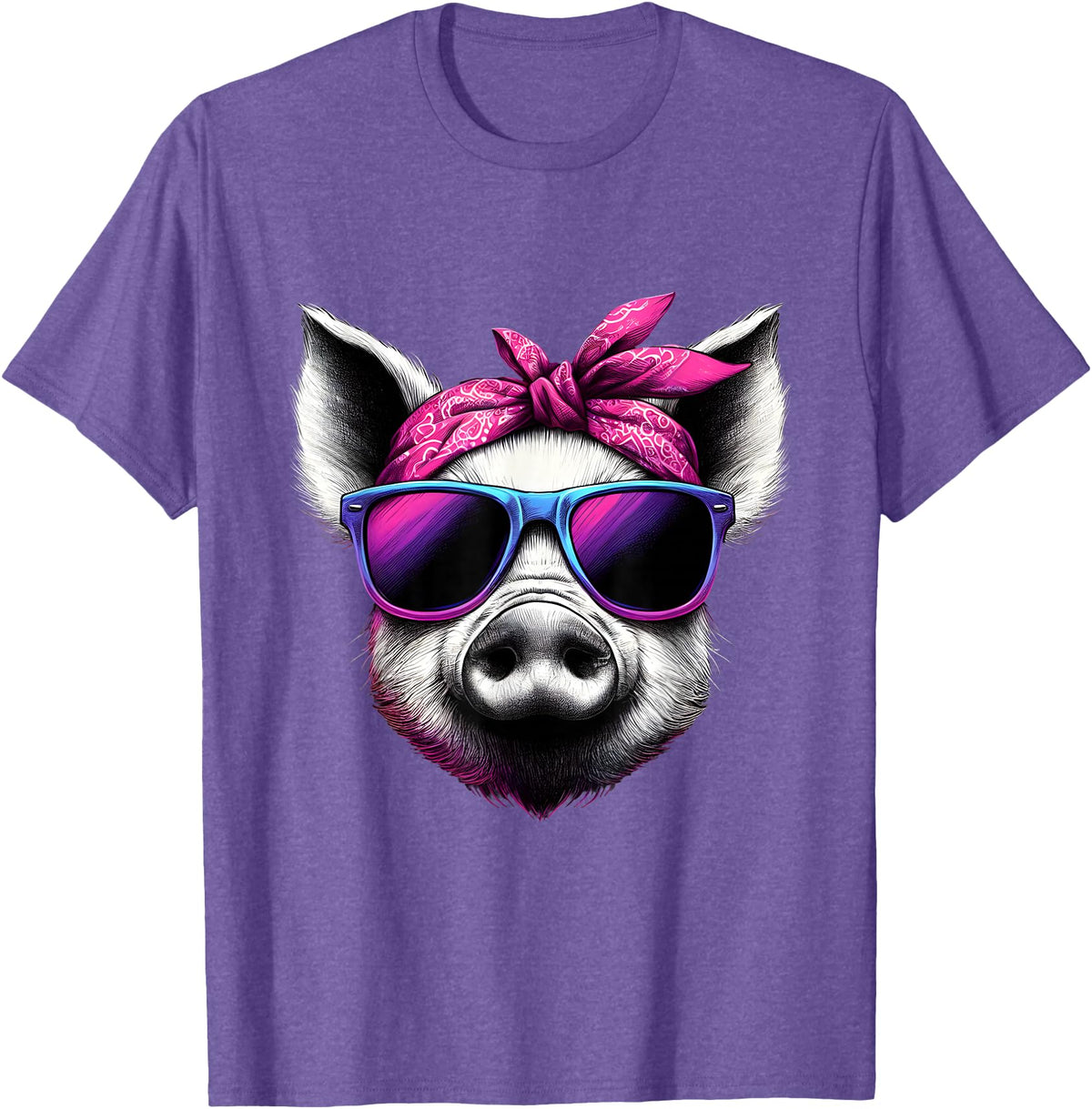 Fashionable Animals Wearing Pink Bandanas Pig Wearing Pink Bandana Headband and Sunglasses T-Shirt - Purple Heather