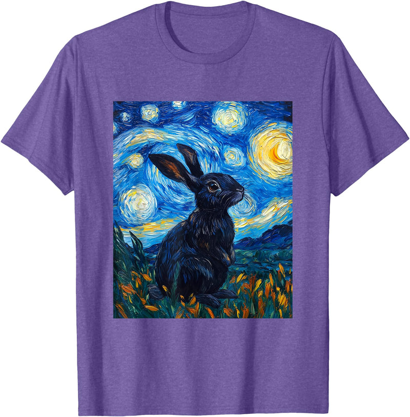 Bunny Rabbit Van Gogh Style Starry Night Cute Graphic T-Shirt in Purple Heather