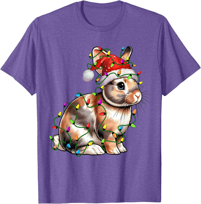 Bunny Rabbit Santa Christmas Tree Lighting Xmas Funny T-Shirt in Purple Heather