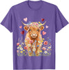 Floral Scottish Highland Cow Farm Animals Cute Highland Cow Women Girls Kid Scottish Cow Highland Cow T-Shirt - Purple