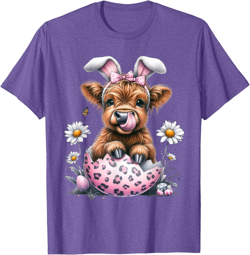 Funny Cow Easter Rabbit Cute Highland Cows Lover Easter Day T-Shirt - Purple Heather