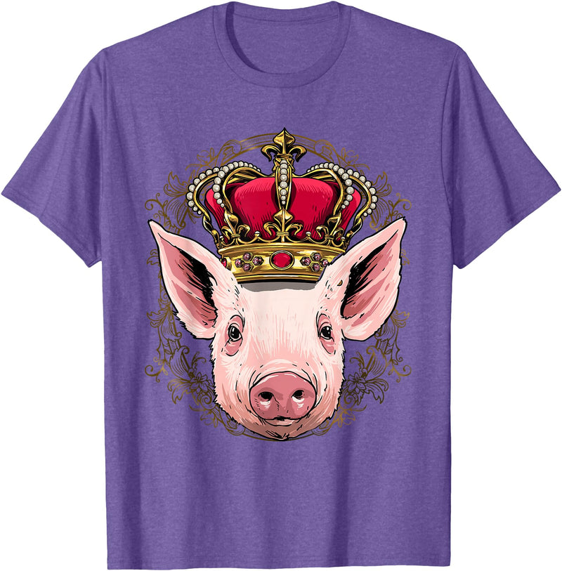 Wowsome! King Pig Wearing Crown - Queen Pig Animal T-Shirt - Purple Heather