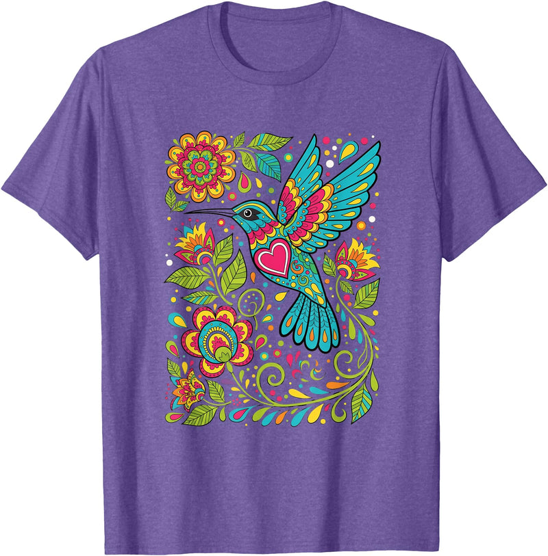 FolkFlight Design Co Bird Hummingbird Floral Folk-Art Colorful T-Shirt - Purple Heather