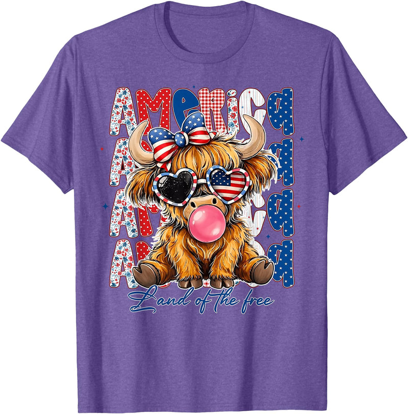 Cute Cow Creations Highland Cow 4th of July, Patriotic Cowgirl Bow Design T-Shirt - Purple Heather