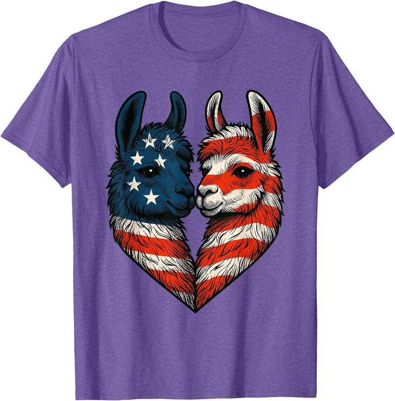 Fourth of July Clothing Co. Patriotic Llamas Heart American Flag 4th of July Graphic T-Shirt - Purple Heather