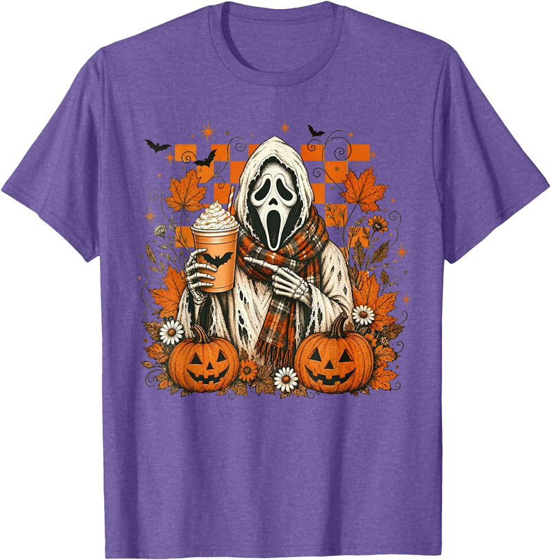 Halloween Pumpkin Ghost Autumn Leaves Graphic Cute Spooky Ghost Fall Halloween Coffee Latte Autumn Pumpkin T-Shirt - Purple