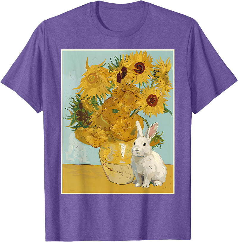 Sunflower Vase White Rabbit Fine Art Cute Bunny Lover T-Shirt in Purple Heather