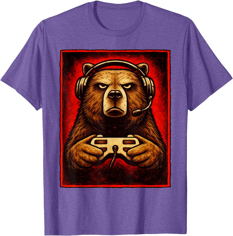 Funny Gaming Bear Gamer Graphic Gamer Bear Graphic Funny Gaming Animal Grizzly Bear Costume T-Shirt - Purple Heather