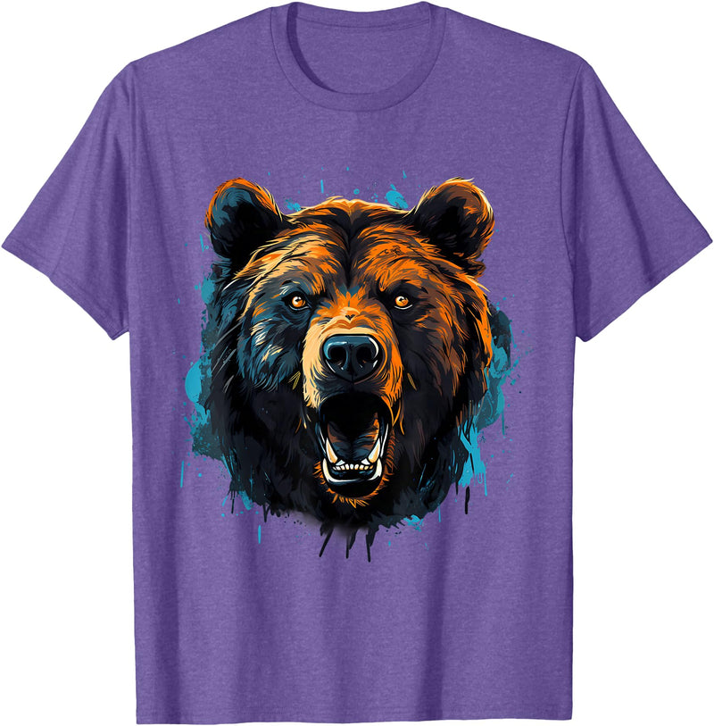 Forest Animal Art Bear Portrait Splash Forest Artwork Animal Lovers Motif T-Shirt - Purple Heather