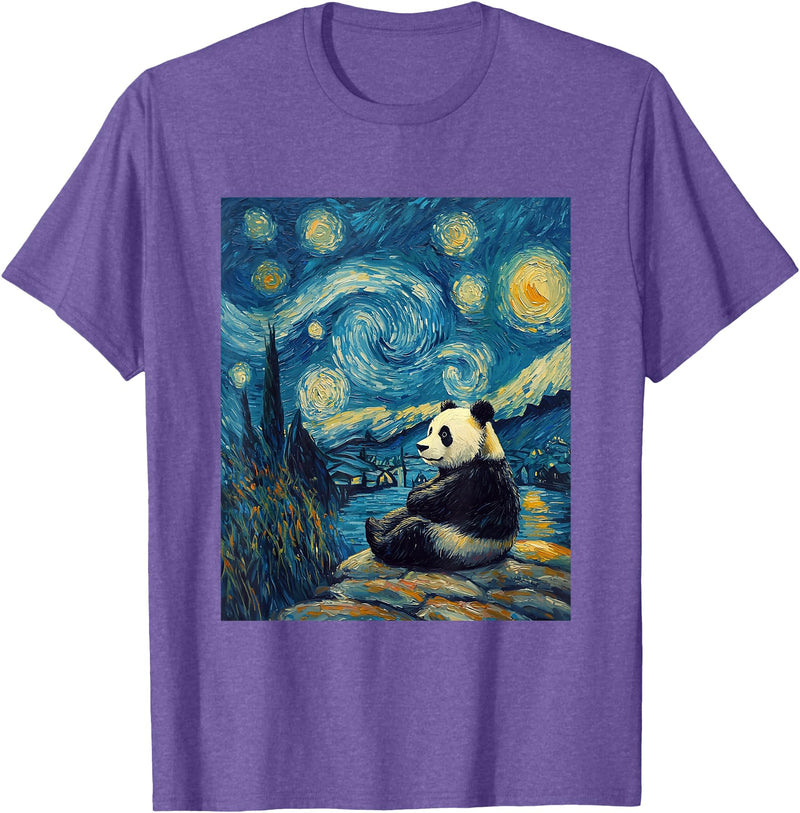 Bear Designs. Cute Panda Bear Van Gogh Style Starry Night Graphic T-Shirt - Purple Heather