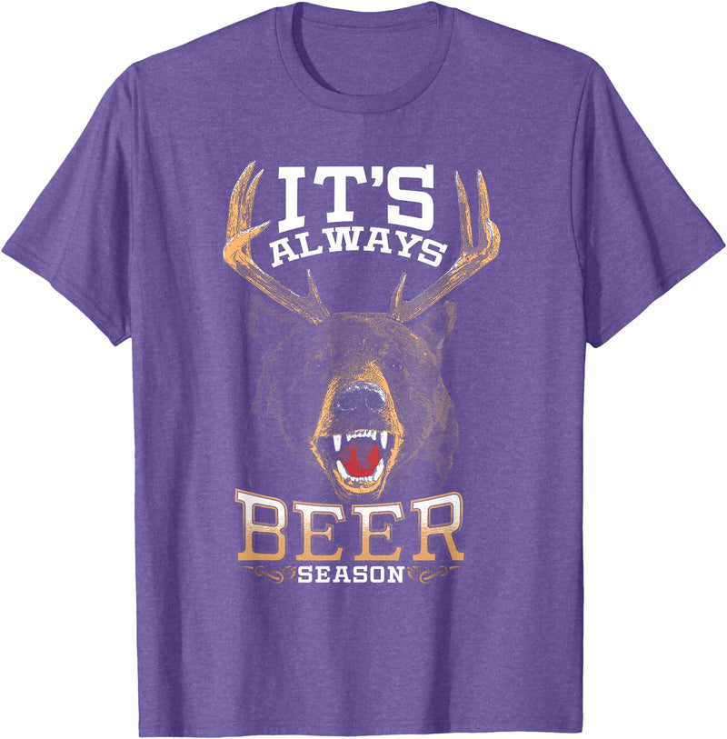 Hunted Apparel It's Always Beer Season Bear Deer Beer Funny Hunter Hunting T-Shirt - Purple Heather