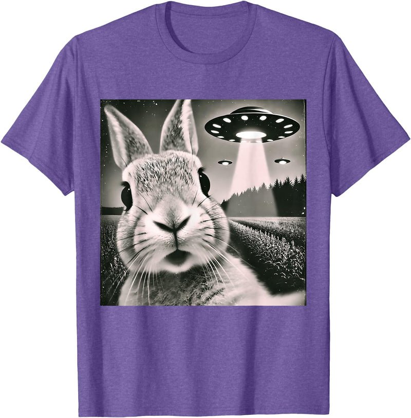 Funny Rabbit Bunny Selfie UFOs T-Shirt in Purple Heather