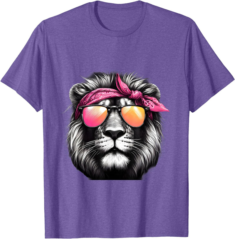 Fashionable Animals Wearing Pink Bandanas Lion Wearing a Pink Bandana Headband and Sunglasses T-Shirt - Purple Heather