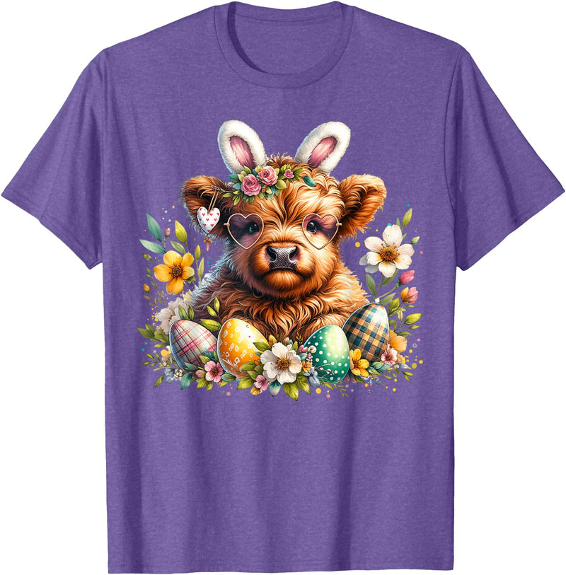 Highland Cow Land of NYC Highland Cow Easter Bunny Moo Basket Egg Floral Women Girls T-Shirt - Purple Heather
