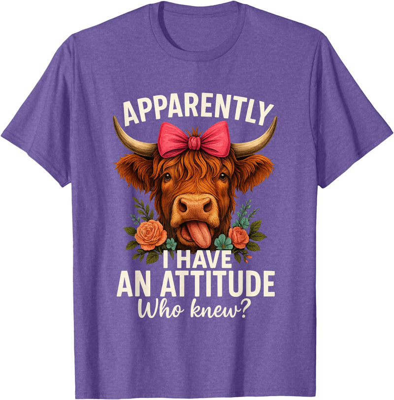 Mother's Day Gifts by LD Apparently I Have an Attitude Who Knew Sarcasm Highland Cow T-Shirt - Purple Heather