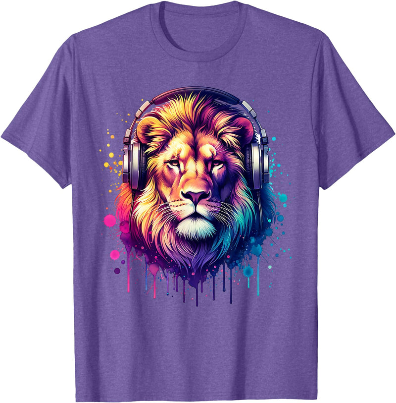 Funny Animal With Headphones Lion with Headphones T-Shirt - Purple Heather