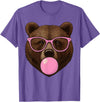 Bear Face Wearing Glasses Apparel For Women ladies Cute Bear Face Eating Gum and Makes Bubble Funny Bears Women T-Shirt - Purple Heather