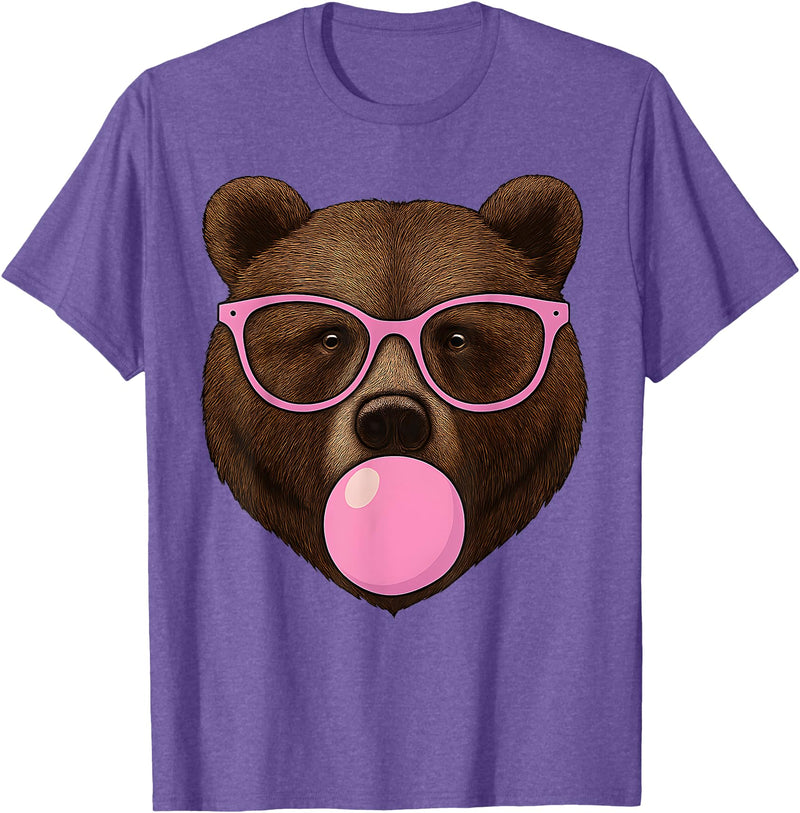 Bear Face Wearing Glasses Apparel For Women ladies Cute Bear Face Eating Gum and Makes Bubble Funny Bears Women T-Shirt - Purple Heather