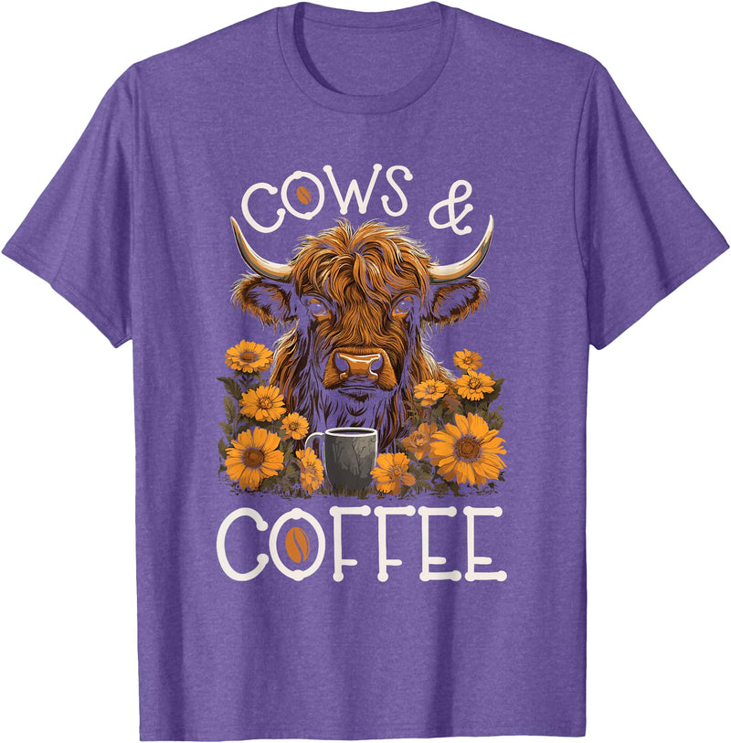 Scottish Highland Cow Gifts For Cowgirls Highland Cow and Coffee, Funny Western Girl Country T-Shirt - Purple Heather